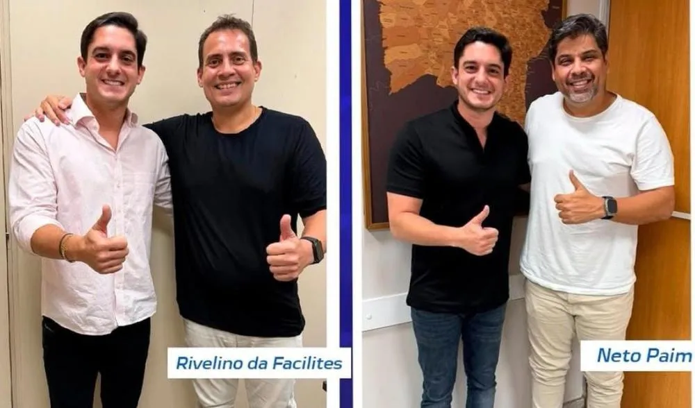 Marcelinho Veiga com novos apoiadores Neto Paim e Rivelino da Facilites de São Sebastião do Passé. FOTO: Divulgação